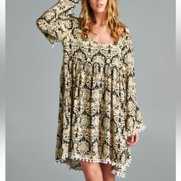 Velzera Black Damask Bell-Sleeve Bohemian Pattern Midi Dress Women’s Size L - Picture 15 of 16